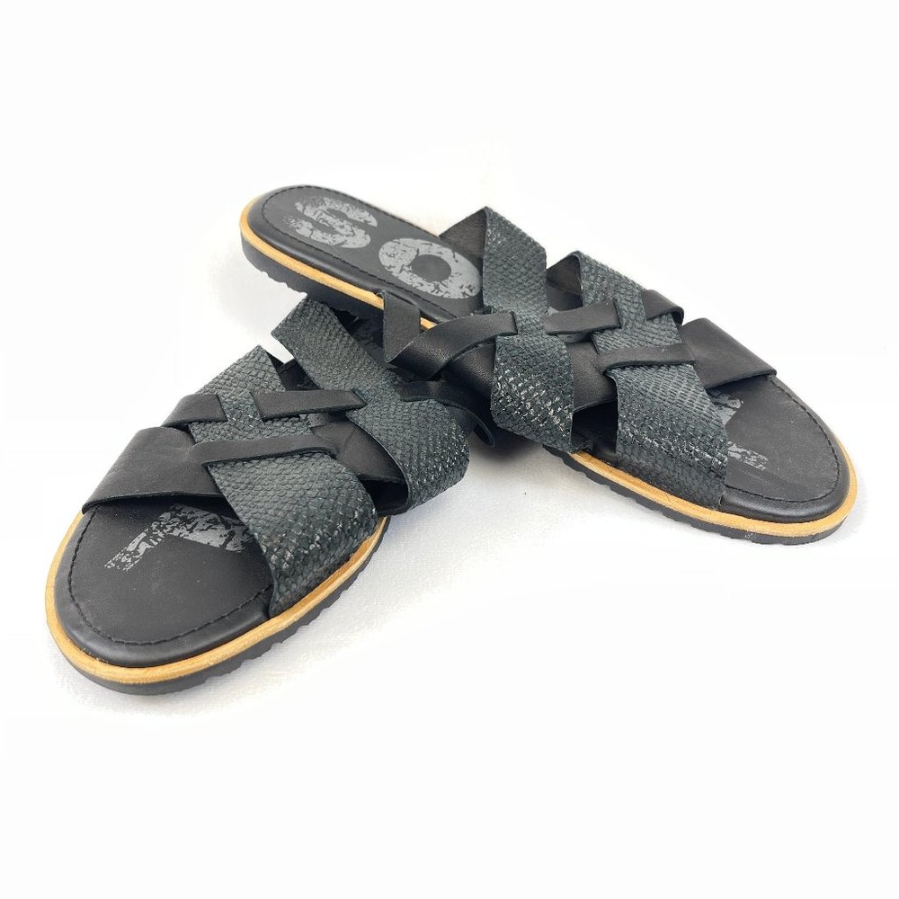 Sorel 'Ella' peep toe slide sandals, size 11, black snakeskin print, never worn
